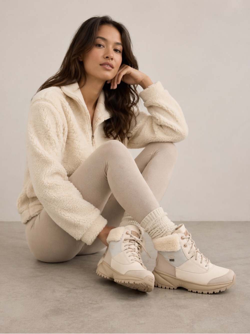 UGG WOMEN'S YOSE FLUFF V2 WINTER BOOTS IN WHITE/BEIGE